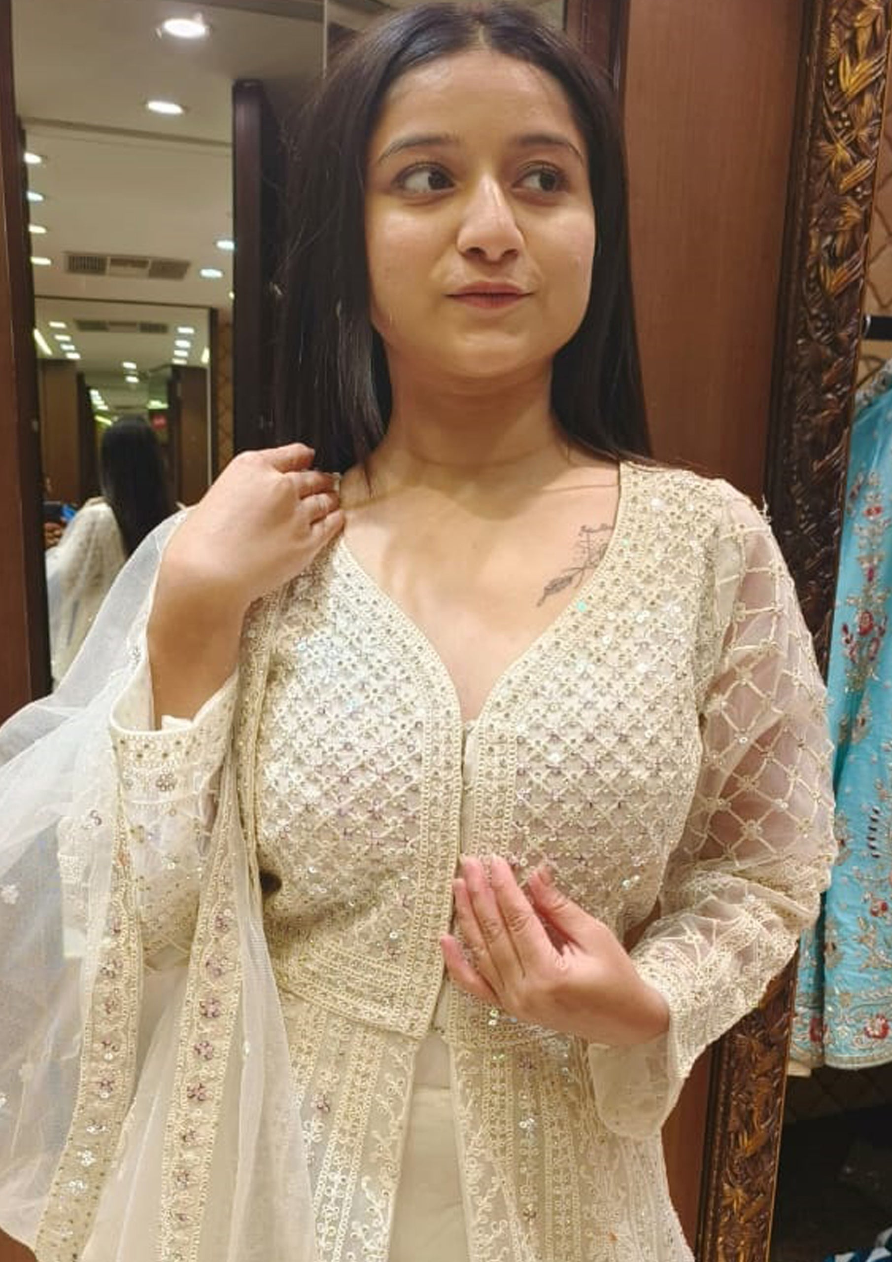 Off White Color Net Embroidered Indo Western For Women